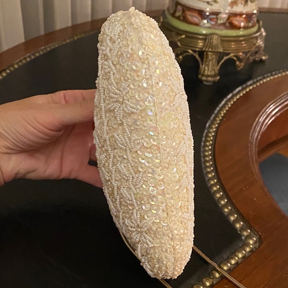 Handmade Ivory Beaded Sequins Aurora Borealis Evening Bag with Change Purse Set - Picture 8 of 13